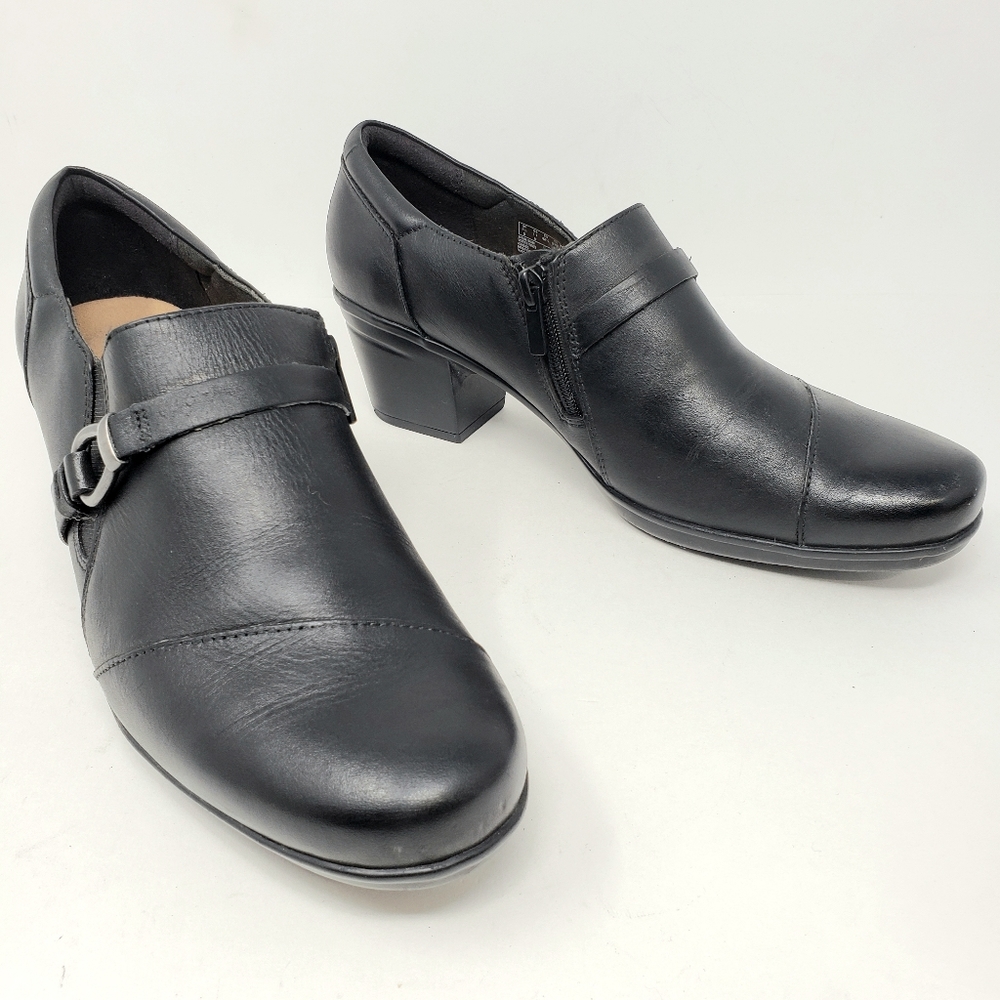 Clarks Black Ankle Zip Heels Buckle Booties Boots
